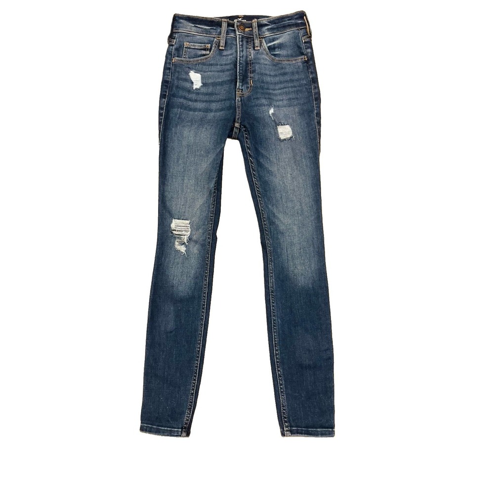 HOLISTER Juniors Jeans Hi Rise Super Skinny Distressed Med Wash Sz 00S 23x26